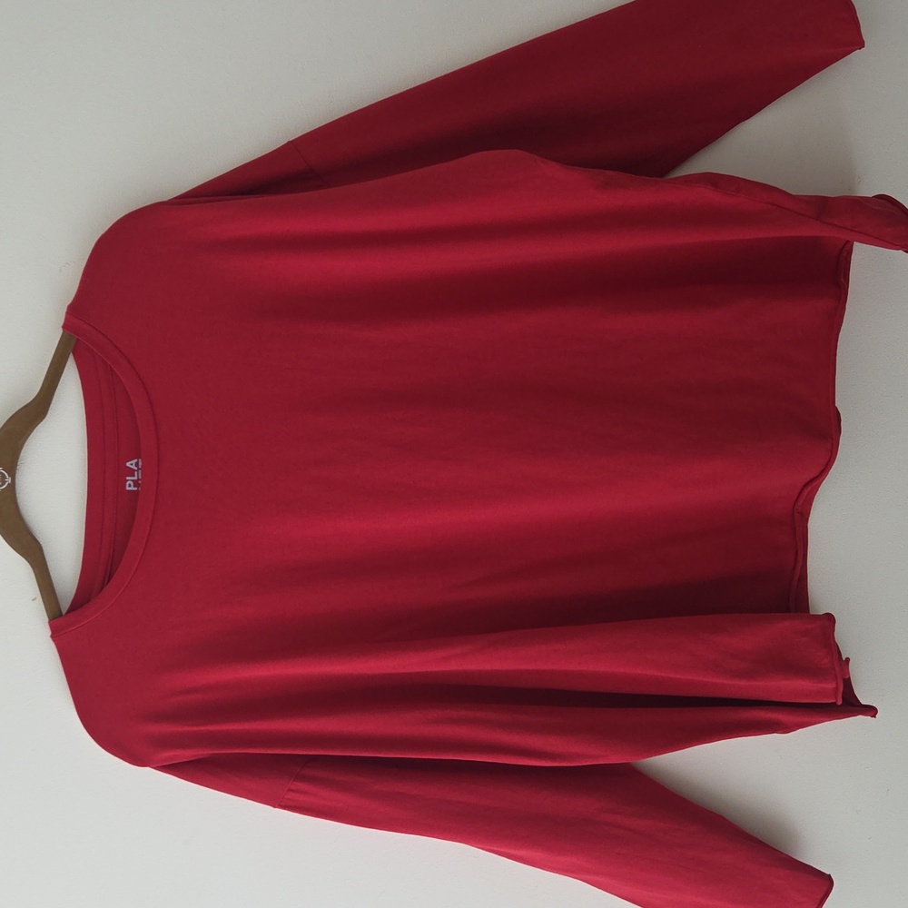 Planet By Lauren G Scarlet Red Pima Cotton Boxy Long Sleeeve Tee Top OS (Bx19)